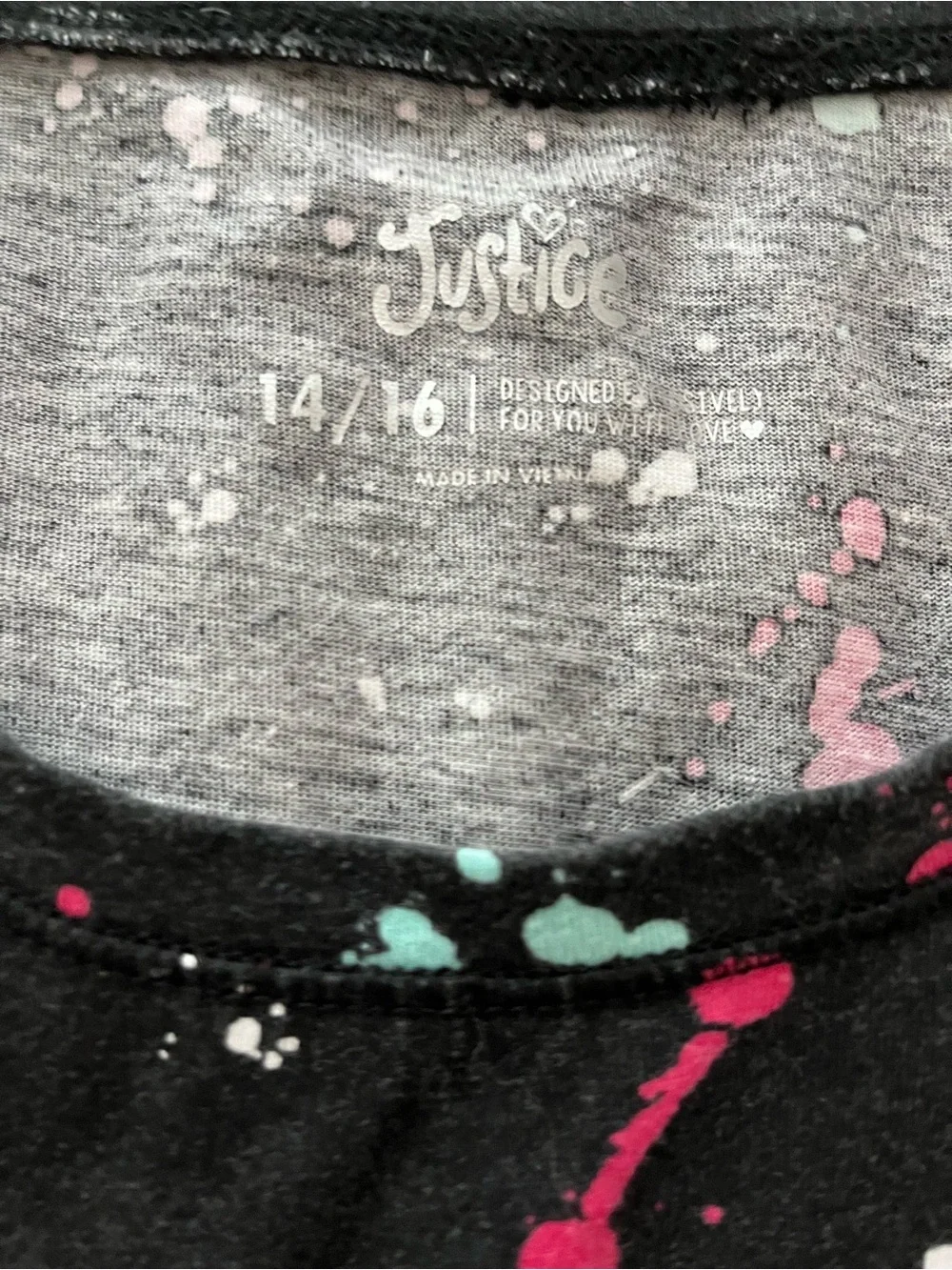 Justice Black Long Sleeve Top with Pink, Teal & White Paint-Splash